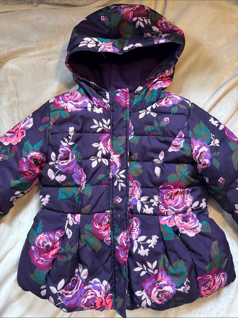 Cherokee Purple Floral Hooded Puffer Coat
